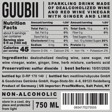 Goodvines GUUBII Non-Alcoholic Aperitif w. Ginger & Lime - Back Label